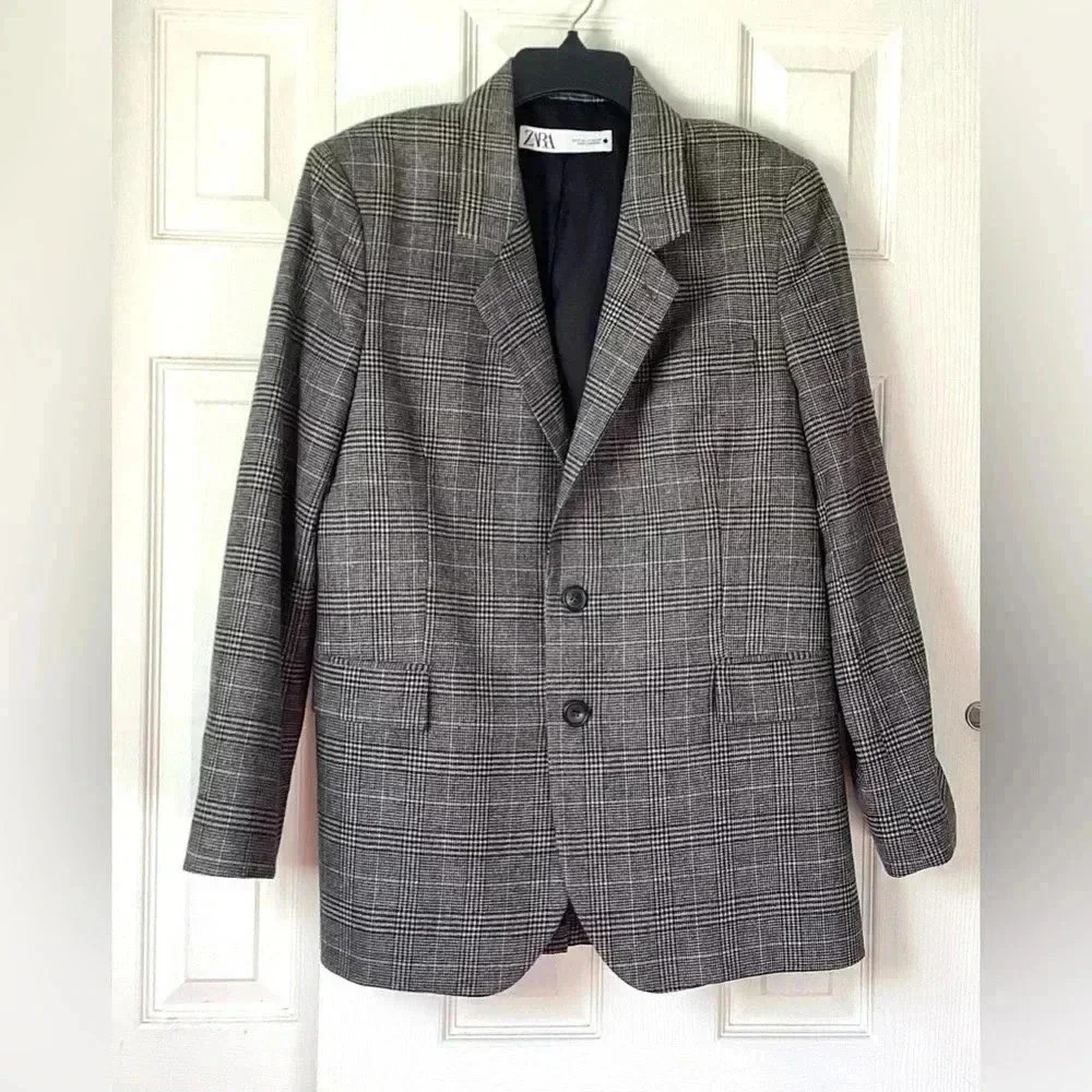 ZARA Men WOOL BLEND PLAID STRAIGHT CUT BLAZER GRAY Size M